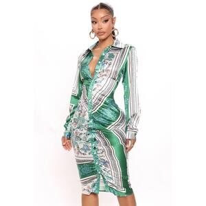 NWT Satin Paisley Shirt Dress Medium Green Baddie Loud Luxury Glam Regency Chic